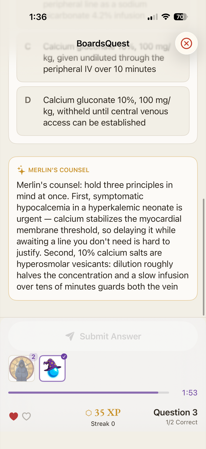 Merlin's Counsel power-up giving a hint on a board question