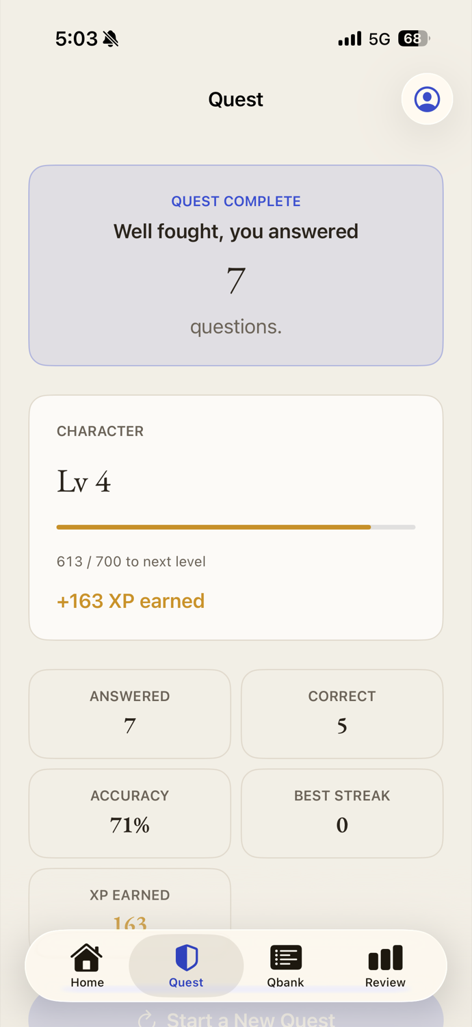 Quest results screen showing character level, XP earned, and accuracy
